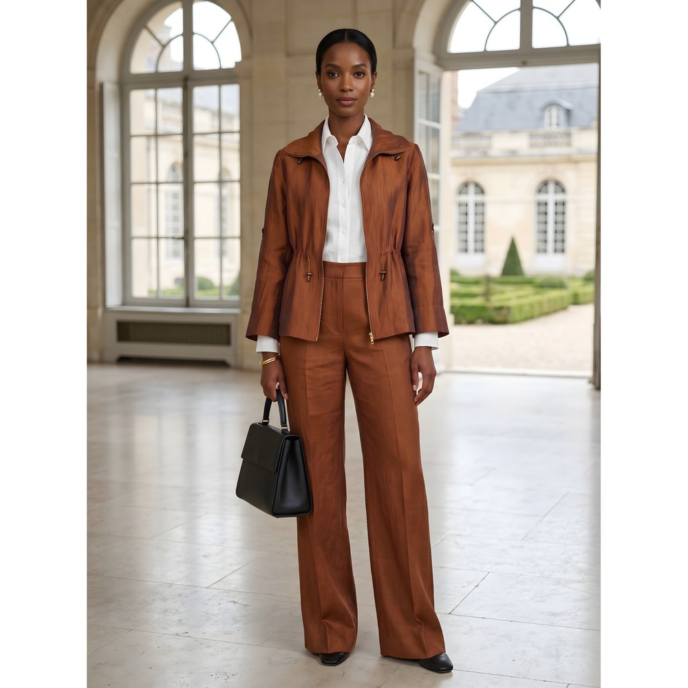 Ruby Rd Linen Blend Jacket Size 8 Copper Brown Zip Front Collared 3/4 Sleeve‎